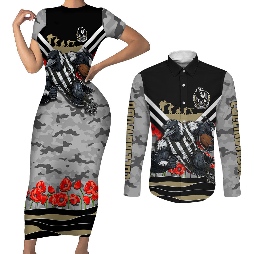 Personalised Collingwood Magpies ANZAC Couples Matching Short Sleeve Bodycon Dress and Long Sleeve Button Shirt Military Remembrance Australian Football Mascot Camouflage
