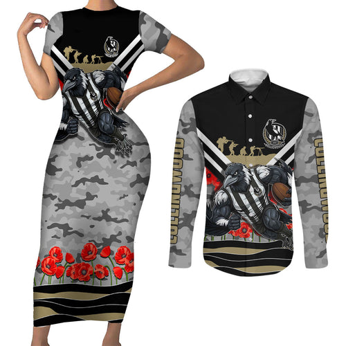 Personalised Collingwood Magpies ANZAC Couples Matching Short Sleeve Bodycon Dress and Long Sleeve Button Shirt Military Remembrance Australian Football Mascot Camouflage