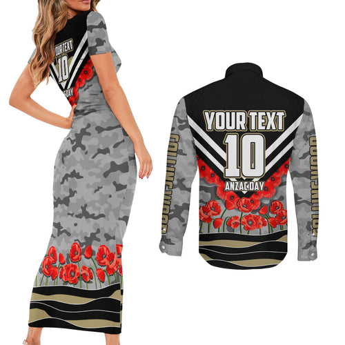 Personalised Collingwood Magpies ANZAC Couples Matching Short Sleeve Bodycon Dress and Long Sleeve Button Shirt Military Remembrance Australian Football Mascot Camouflage