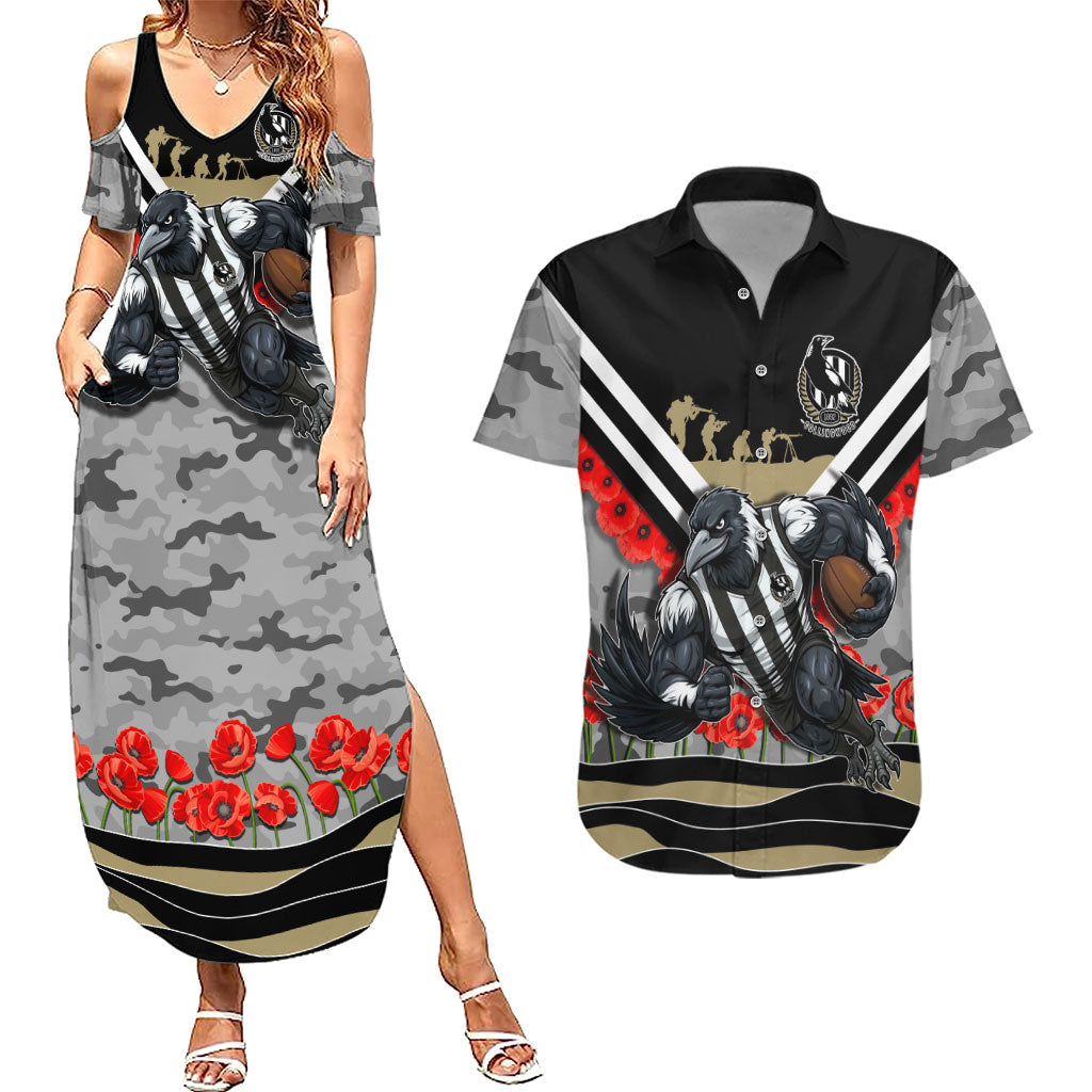 Personalised Collingwood Magpies ANZAC Couples Matching Summer Maxi Dress and Hawaiian Shirt Military Remembrance Australian Football Mascot Camouflage