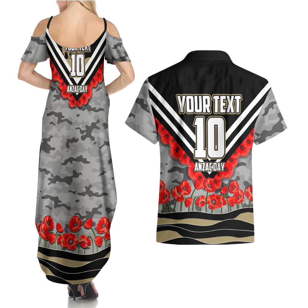 Personalised Collingwood Magpies ANZAC Couples Matching Summer Maxi Dress and Hawaiian Shirt Military Remembrance Australian Football Mascot Camouflage
