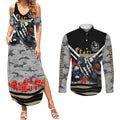 Personalised Collingwood Magpies ANZAC Couples Matching Summer Maxi Dress and Long Sleeve Button Shirt Military Remembrance Australian Football Mascot Camouflage