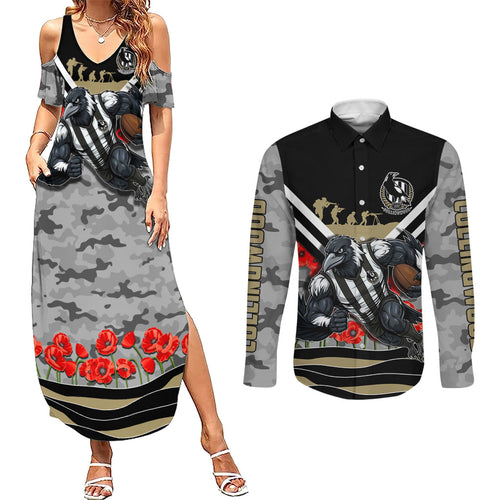 Personalised Collingwood Magpies ANZAC Couples Matching Summer Maxi Dress and Long Sleeve Button Shirt Military Remembrance Australian Football Mascot Camouflage