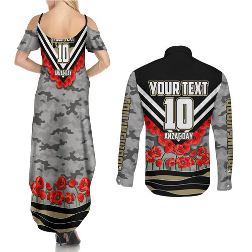 Personalised Collingwood Magpies ANZAC Couples Matching Summer Maxi Dress and Long Sleeve Button Shirt Military Remembrance Australian Football Mascot Camouflage