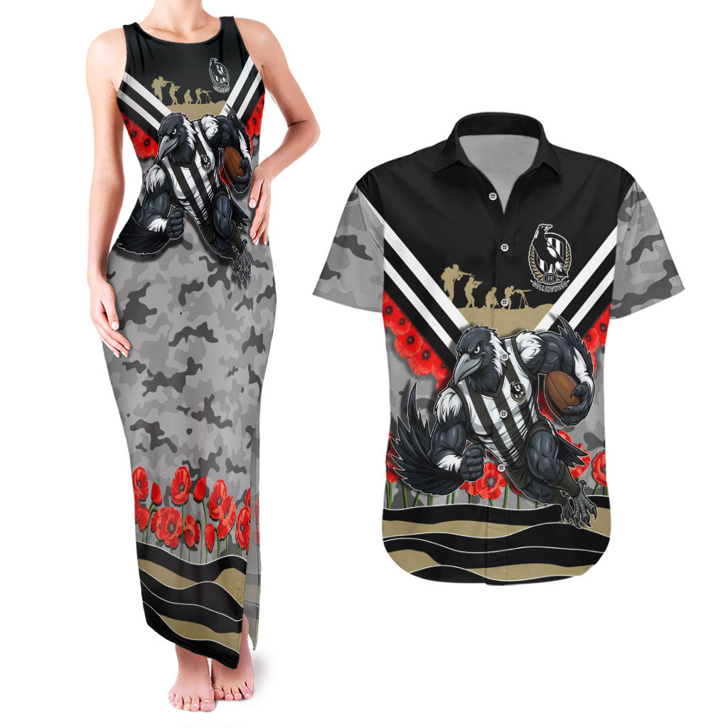Personalised Collingwood Magpies ANZAC Couples Matching Tank Maxi Dress and Hawaiian Shirt Military Remembrance Australian Football Mascot Camouflage
