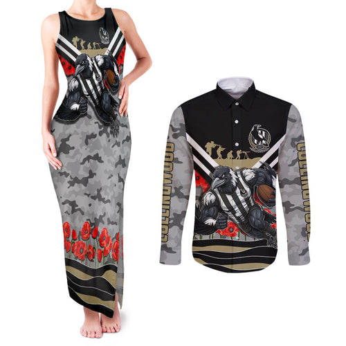 Personalised Collingwood Magpies ANZAC Couples Matching Tank Maxi Dress and Long Sleeve Button Shirt Military Remembrance Australian Football Mascot Camouflage