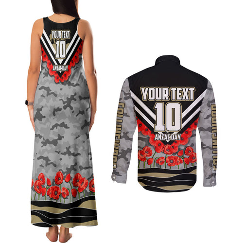 Personalised Collingwood Magpies ANZAC Couples Matching Tank Maxi Dress and Long Sleeve Button Shirt Military Remembrance Australian Football Mascot Camouflage