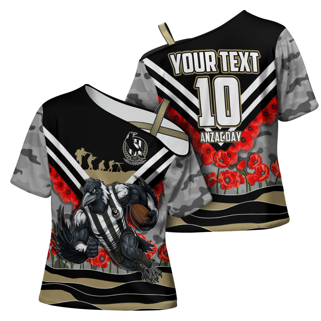 Personalised Collingwood Magpies ANZAC Cross Shoulder Shirt Military Remembrance Australian Football Mascot Camouflage
