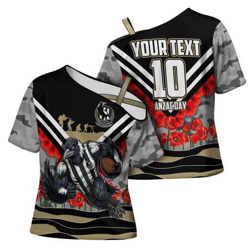 Personalised Collingwood Magpies ANZAC Cross Shoulder Shirt Military Remembrance Australian Football Mascot Camouflage