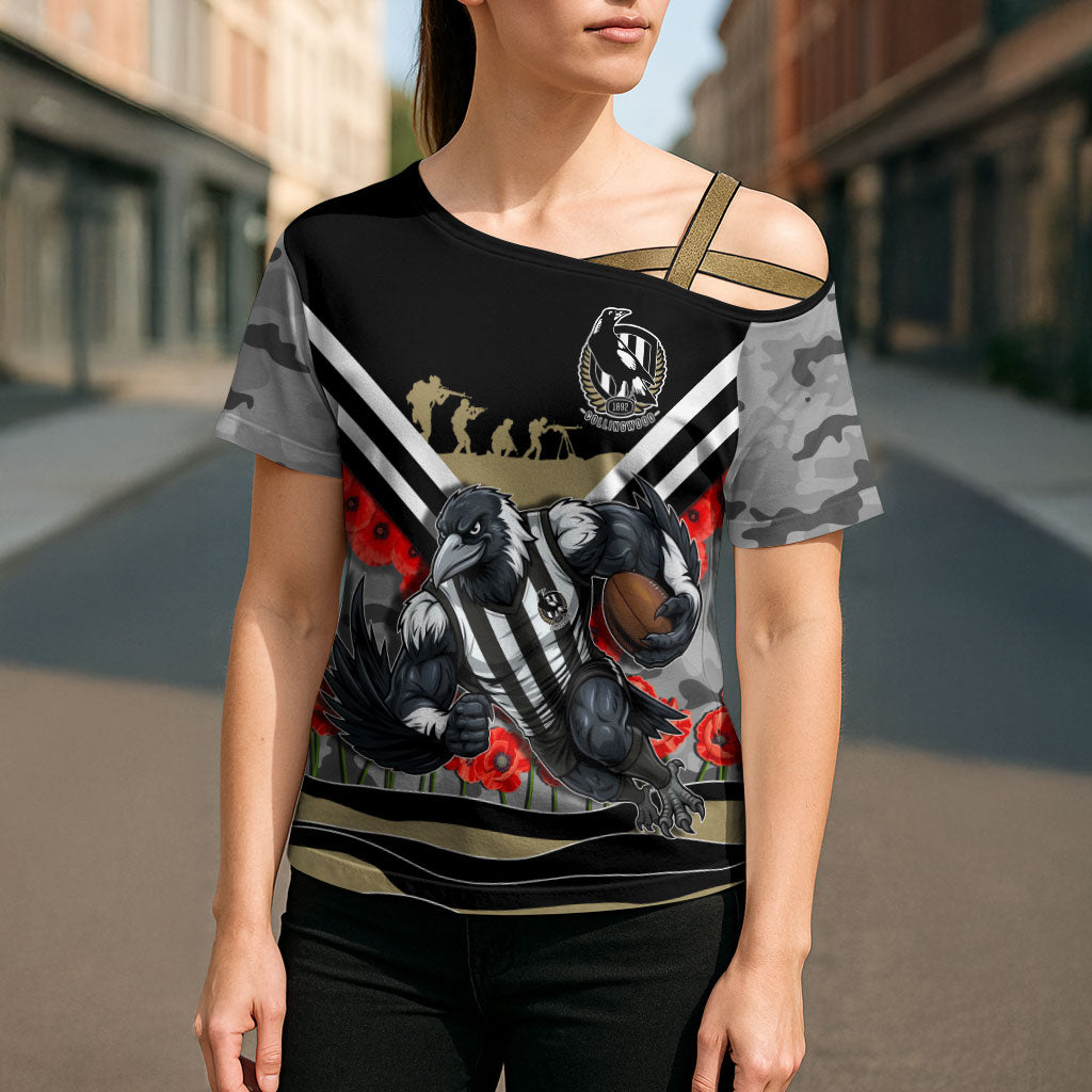 Personalised Collingwood Magpies ANZAC Cross Shoulder Shirt Military Remembrance Australian Football Mascot Camouflage