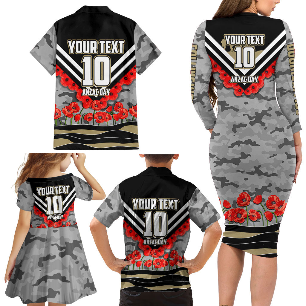 Personalised Collingwood Magpies ANZAC Family Matching Long Sleeve Bodycon Dress and Hawaiian Shirt Military Remembrance Australian Football Mascot Camouflage