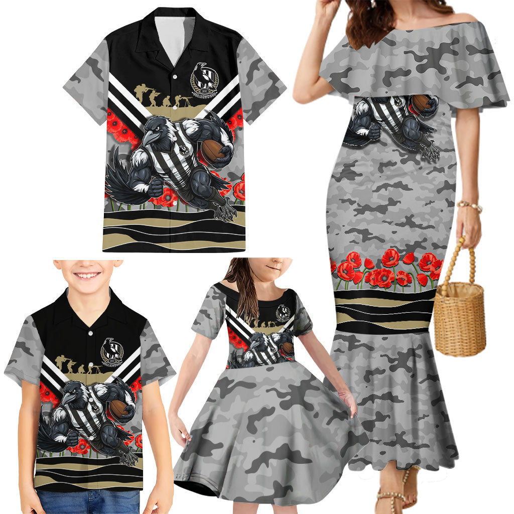 Personalised Collingwood Magpies ANZAC Family Matching Mermaid Dress and Hawaiian Shirt Military Remembrance Australian Football Mascot Camouflage
