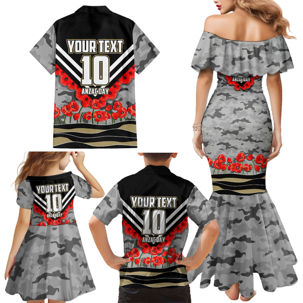 Personalised Collingwood Magpies ANZAC Family Matching Mermaid Dress and Hawaiian Shirt Military Remembrance Australian Football Mascot Camouflage