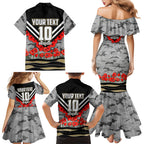 Personalised Collingwood Magpies ANZAC Family Matching Mermaid Dress and Hawaiian Shirt Military Remembrance Australian Football Mascot Camouflage