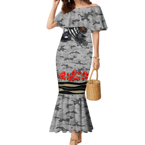 Personalised Collingwood Magpies ANZAC Family Matching Mermaid Dress and Hawaiian Shirt Military Remembrance Australian Football Mascot Camouflage