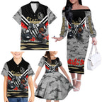 Personalised Collingwood Magpies ANZAC Family Matching Off The Shoulder Long Sleeve Dress and Hawaiian Shirt Military Remembrance Australian Football Mascot Camouflage