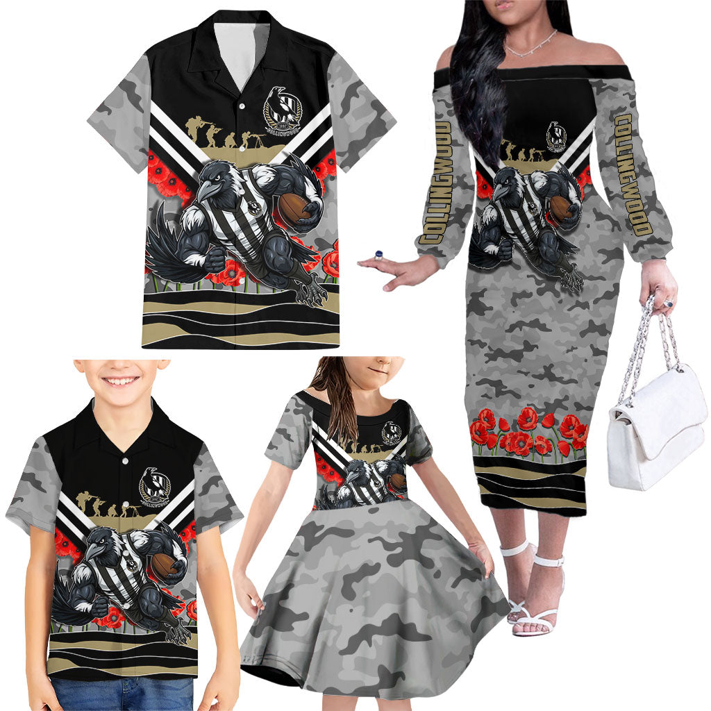 Personalised Collingwood Magpies ANZAC Family Matching Off The Shoulder Long Sleeve Dress and Hawaiian Shirt Military Remembrance Australian Football Mascot Camouflage