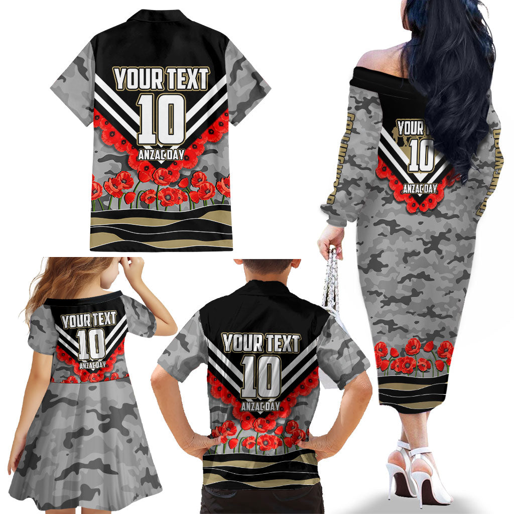 Personalised Collingwood Magpies ANZAC Family Matching Off The Shoulder Long Sleeve Dress and Hawaiian Shirt Military Remembrance Australian Football Mascot Camouflage
