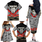 Personalised Collingwood Magpies ANZAC Family Matching Off The Shoulder Long Sleeve Dress and Hawaiian Shirt Military Remembrance Australian Football Mascot Camouflage