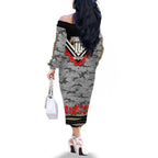 Personalised Collingwood Magpies ANZAC Family Matching Off The Shoulder Long Sleeve Dress and Hawaiian Shirt Military Remembrance Australian Football Mascot Camouflage