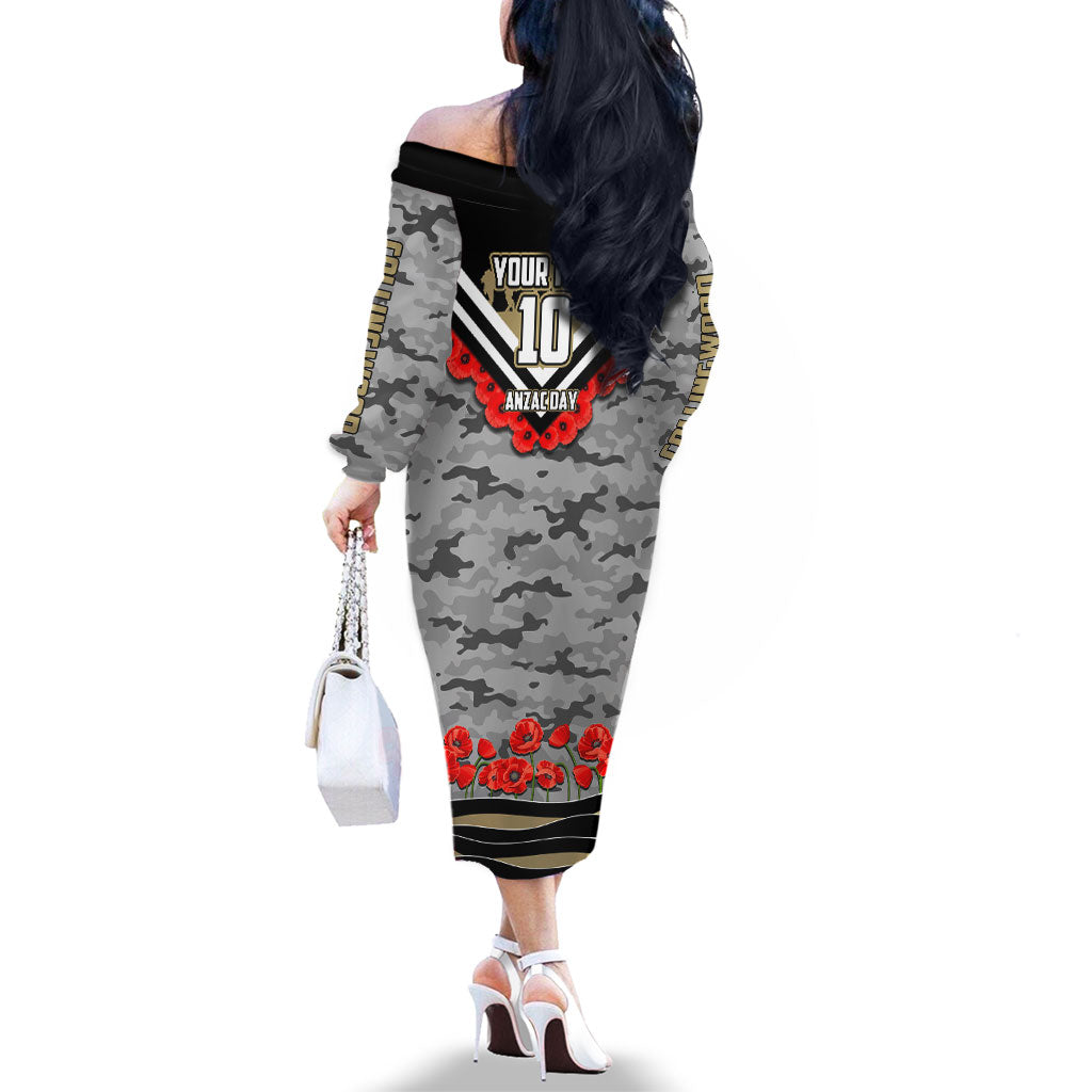 Personalised Collingwood Magpies ANZAC Family Matching Off The Shoulder Long Sleeve Dress and Hawaiian Shirt Military Remembrance Australian Football Mascot Camouflage