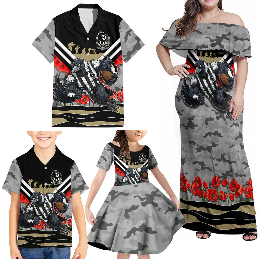 Personalised Collingwood Magpies ANZAC Family Matching Off Shoulder Maxi Dress and Hawaiian Shirt Military Remembrance Australian Football Mascot Camouflage