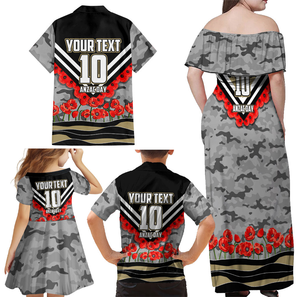 Personalised Collingwood Magpies ANZAC Family Matching Off Shoulder Maxi Dress and Hawaiian Shirt Military Remembrance Australian Football Mascot Camouflage