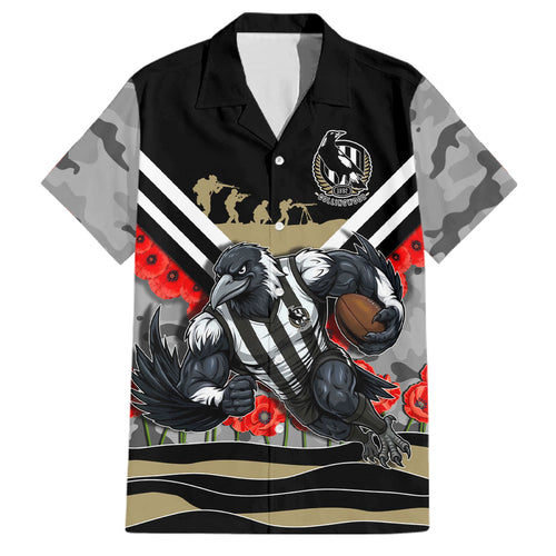 Personalised Collingwood Magpies ANZAC Family Matching Off Shoulder Maxi Dress and Hawaiian Shirt Military Remembrance Australian Football Mascot Camouflage