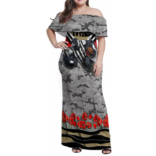 Personalised Collingwood Magpies ANZAC Family Matching Off Shoulder Maxi Dress and Hawaiian Shirt Military Remembrance Australian Football Mascot Camouflage