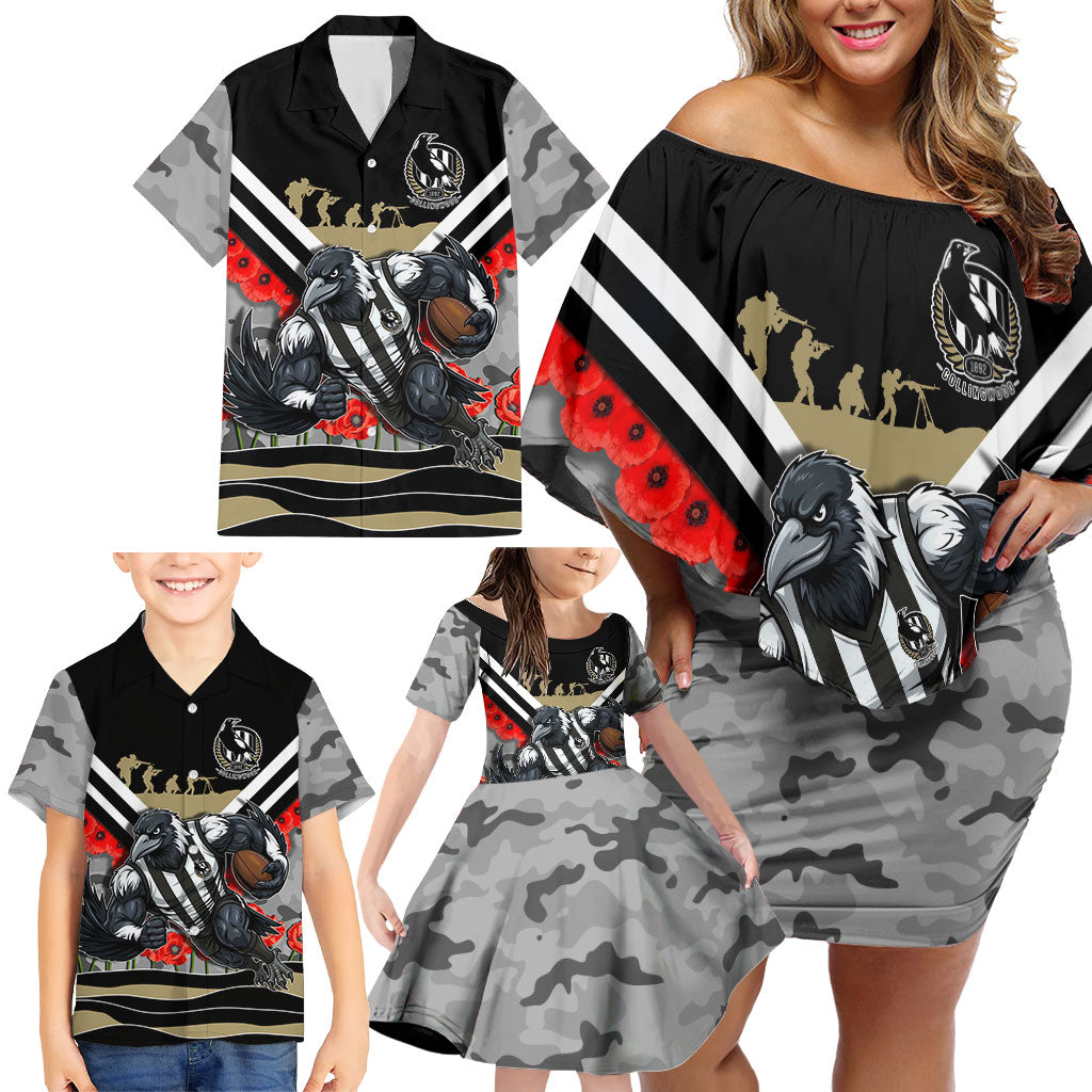 Personalised Collingwood Magpies ANZAC Family Matching Off Shoulder Short Dress and Hawaiian Shirt Military Remembrance Australian Football Mascot Camouflage