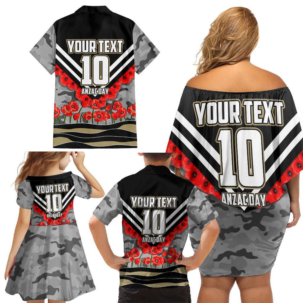 Personalised Collingwood Magpies ANZAC Family Matching Off Shoulder Short Dress and Hawaiian Shirt Military Remembrance Australian Football Mascot Camouflage