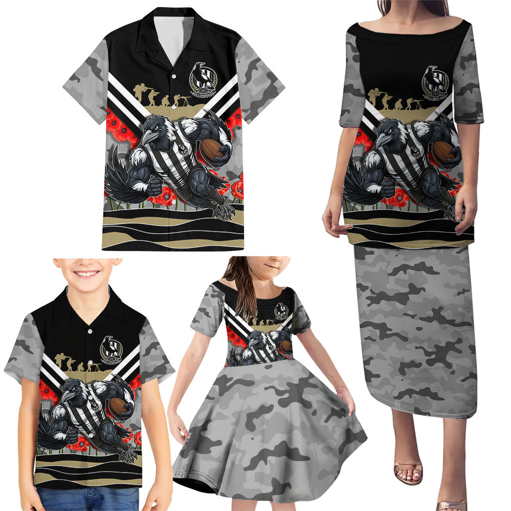 Personalised Collingwood Magpies ANZAC Family Matching Puletasi and Hawaiian Shirt Military Remembrance Australian Football Mascot Camouflage