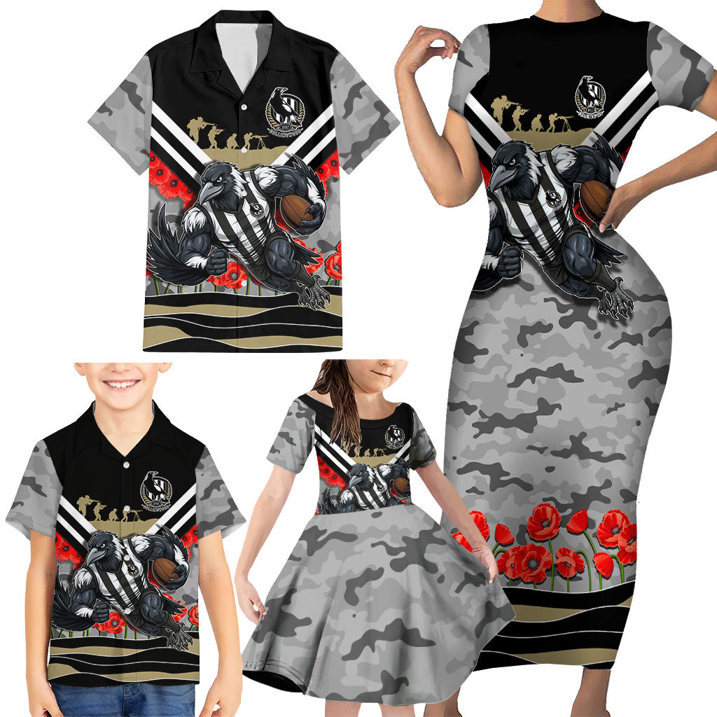 Personalised Collingwood Magpies ANZAC Family Matching Short Sleeve Bodycon Dress and Hawaiian Shirt Military Remembrance Australian Football Mascot Camouflage