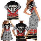 Personalised Collingwood Magpies ANZAC Family Matching Short Sleeve Bodycon Dress and Hawaiian Shirt Military Remembrance Australian Football Mascot Camouflage