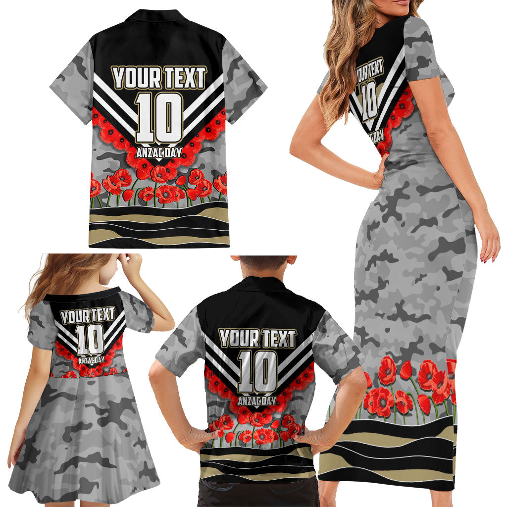Personalised Collingwood Magpies ANZAC Family Matching Short Sleeve Bodycon Dress and Hawaiian Shirt Military Remembrance Australian Football Mascot Camouflage