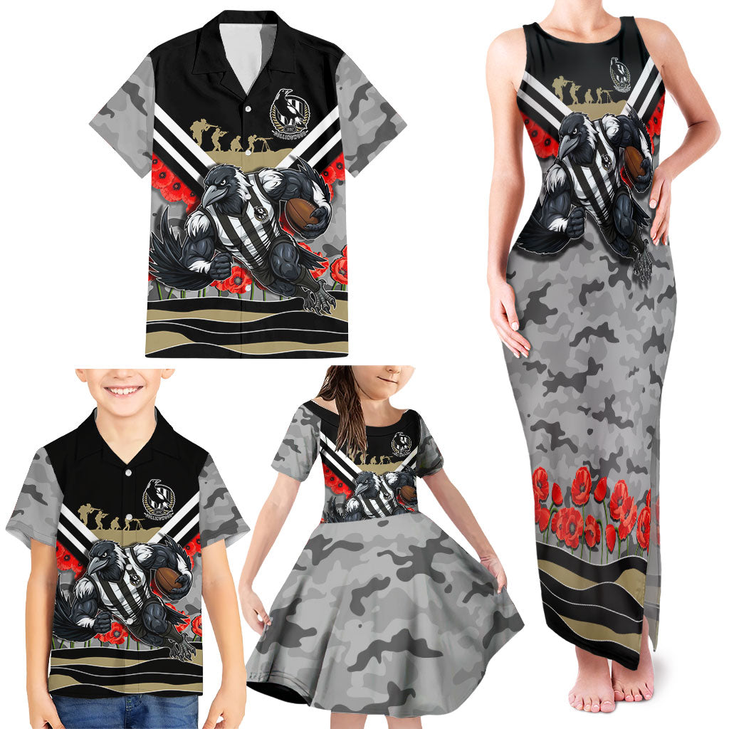 Personalised Collingwood Magpies ANZAC Family Matching Tank Maxi Dress and Hawaiian Shirt Military Remembrance Australian Football Mascot Camouflage