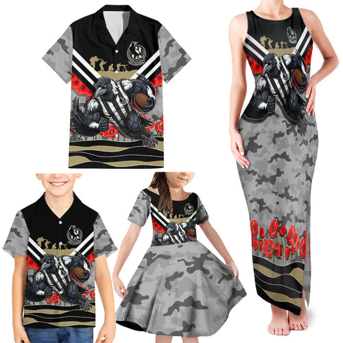 Personalised Collingwood Magpies ANZAC Family Matching Tank Maxi Dress and Hawaiian Shirt Military Remembrance Australian Football Mascot Camouflage