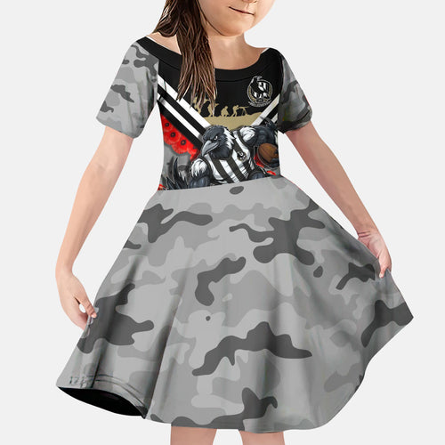 Personalised Collingwood Magpies ANZAC Family Matching Tank Maxi Dress and Hawaiian Shirt Military Remembrance Australian Football Mascot Camouflage