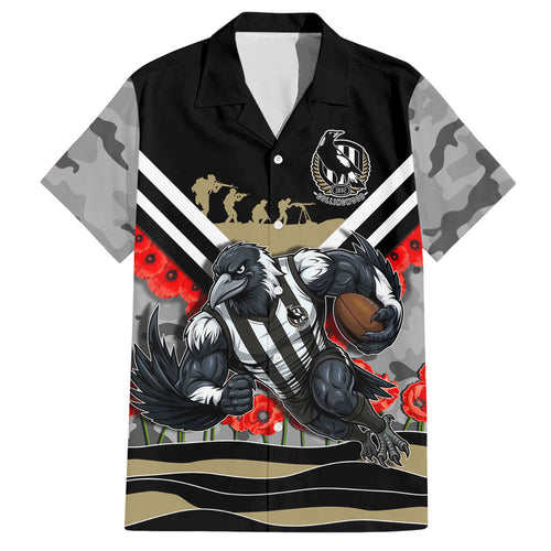 Personalised Collingwood Magpies ANZAC Hawaiian Shirt Military Remembrance Australian Football Mascot Camouflage