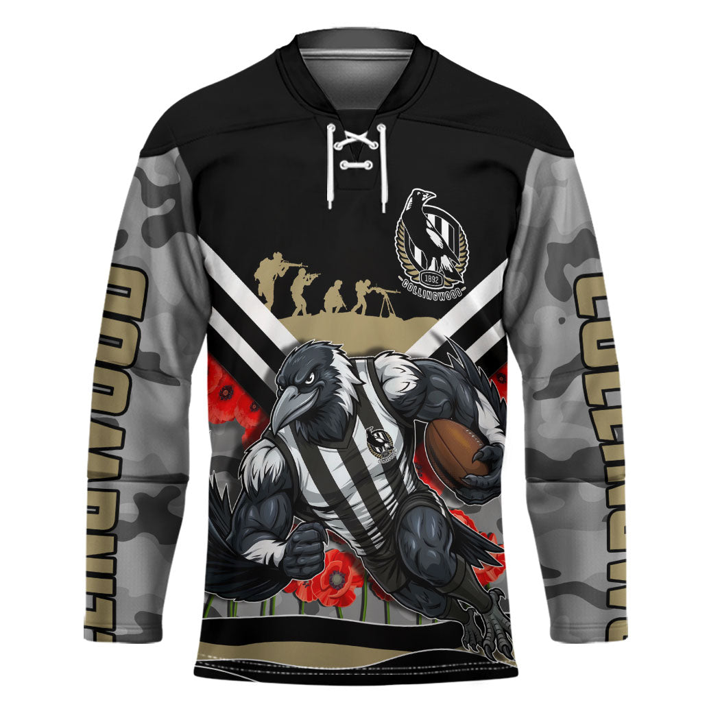 Personalised Collingwood Magpies ANZAC Hockey Jersey Military Remembrance Australian Football Mascot Camouflage
