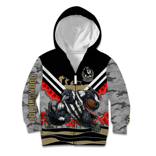 Personalised Collingwood Magpies ANZAC Kid Hoodie Military Remembrance Australian Football Mascot Camouflage