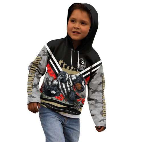 Personalised Collingwood Magpies ANZAC Kid Hoodie Military Remembrance Australian Football Mascot Camouflage