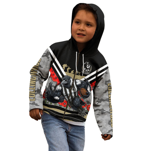 Personalised Collingwood Magpies ANZAC Kid Hoodie Military Remembrance Australian Football Mascot Camouflage