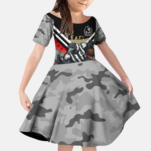 Personalised Collingwood Magpies ANZAC Kid Short Sleeve Dress Military Remembrance Australian Football Mascot Camouflage
