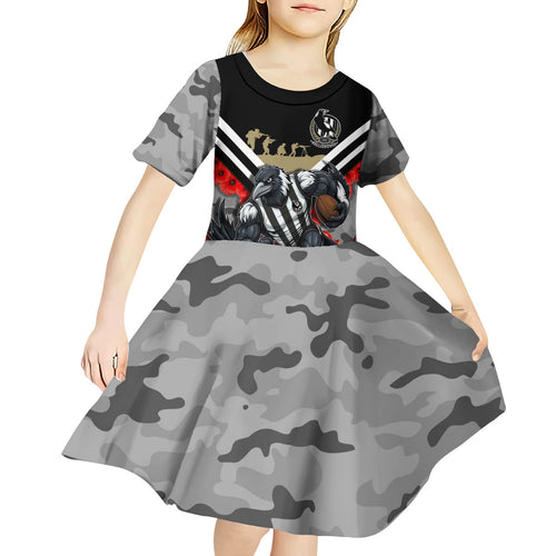 Personalised Collingwood Magpies ANZAC Kid Short Sleeve Dress Military Remembrance Australian Football Mascot Camouflage