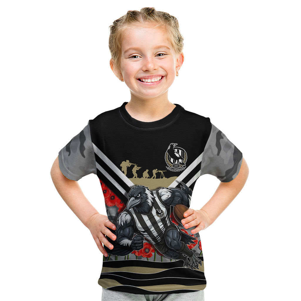 Personalised Collingwood Magpies ANZAC Kid T Shirt Military Remembrance Australian Football Mascot Camouflage