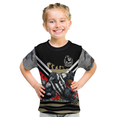 Personalised Collingwood Magpies ANZAC Kid T Shirt Military Remembrance Australian Football Mascot Camouflage