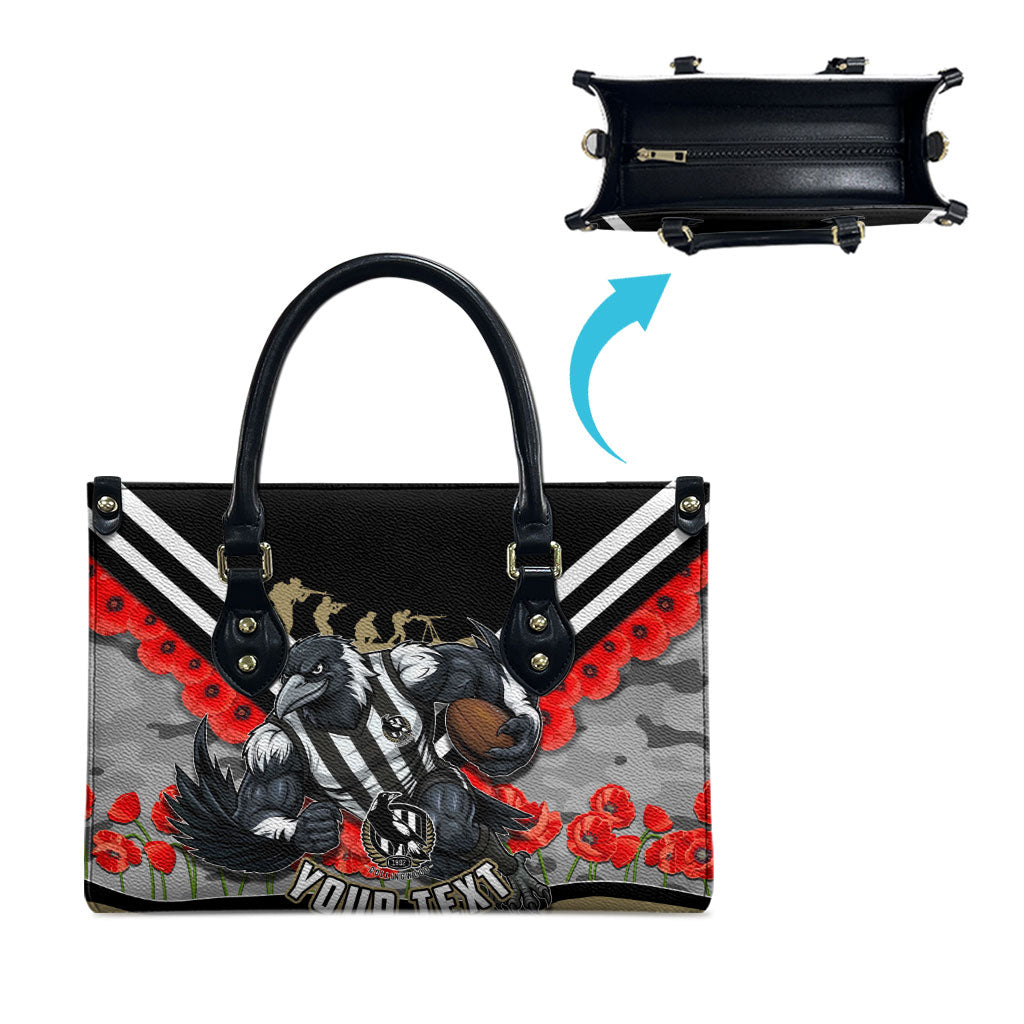 Personalised Collingwood Magpies ANZAC Leather Bag Military Remembrance Australian Football Mascot Camouflage