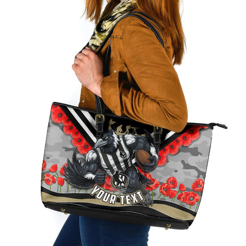 Personalised Collingwood Magpies ANZAC Leather Tote Bag Military Remembrance Australian Football Mascot Camouflage