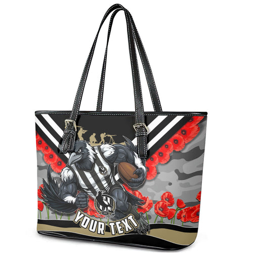 Personalised Collingwood Magpies ANZAC Leather Tote Bag Military Remembrance Australian Football Mascot Camouflage